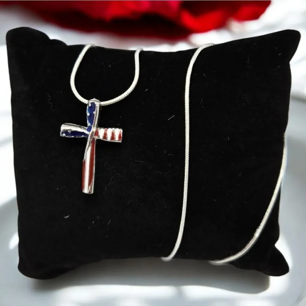 American Flag Cross Pendant Necklace Patriotic USA Stars Stripes Silver Chain 18